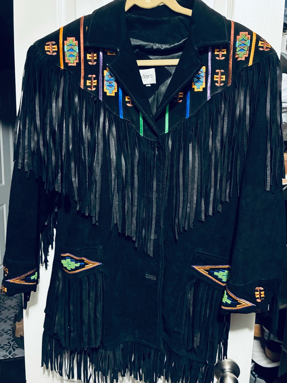 Fringed Embroidered Black Suede Jacket